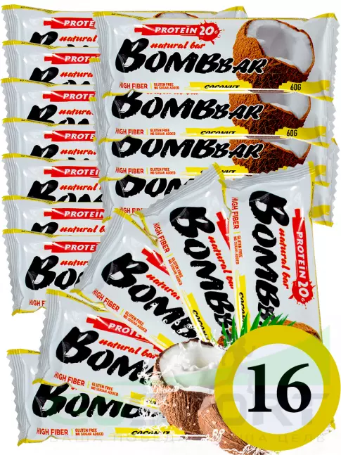 Протеиновый батончик BombBar Protein Bar 16 x 60 г, Кокос Протеиновый батончик BombBar Protein Bar 16 x 60 г, Кокос