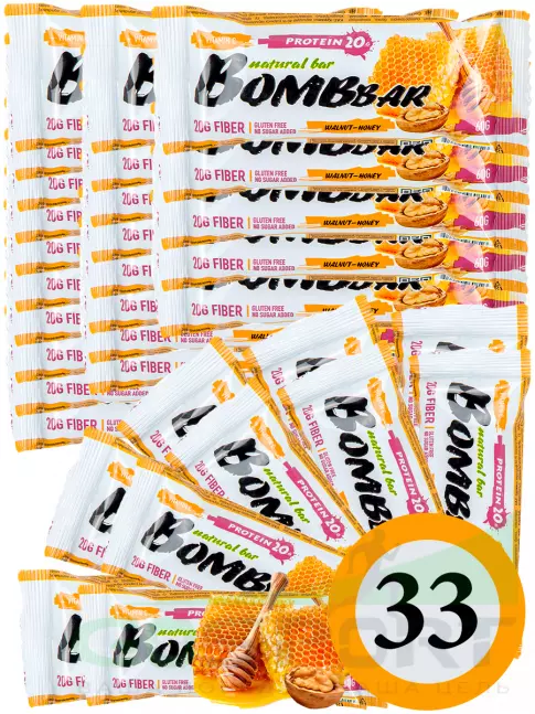 Протеиновый батончик BombBar Protein Bar 33 x 60 г, Грецкий орех с медом