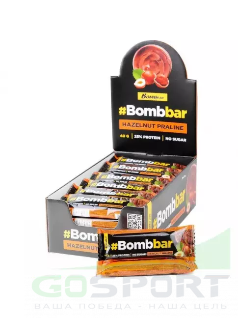 Протеиновый батончик BombBar Батончики в шоколаде без сахара 30x40 г, Фундучное пралине