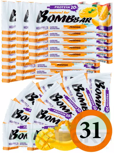 Протеиновый батончик BombBar Protein Bar 31 x 60 г, Пудинг с ароматом манго и банана