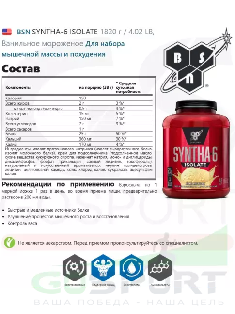 Изолят протеина BSN SYNTHA-6 ISOLATE 1820 г / 4.02 LB, Ванильное мороженое