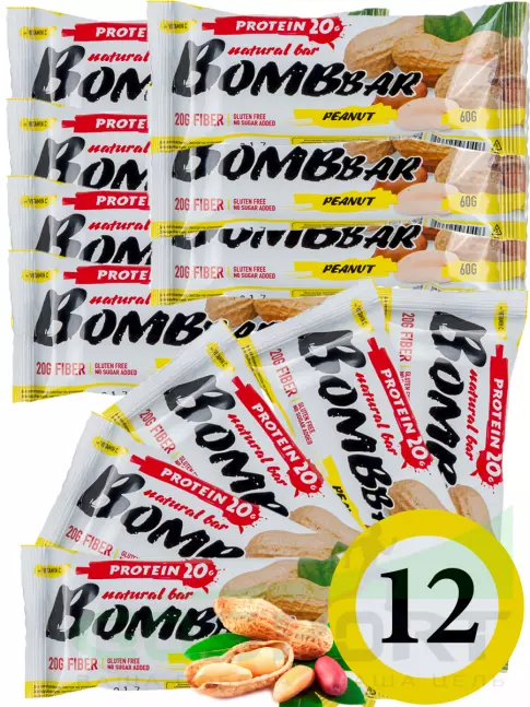 Протеиновый батончик BombBar Protein Bar 12 x 60 г, Арахис