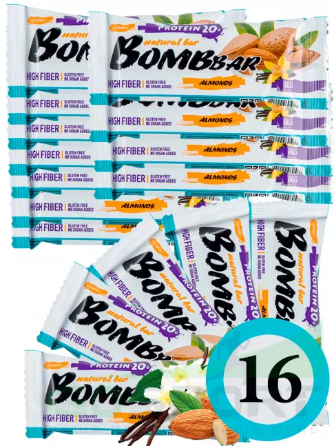 Протеиновый батончик BombBar Protein Bar 16 x 60 г, Миндаль-ваниль Протеиновый батончик BombBar Protein Bar 16 x 60 г, Миндаль-ваниль