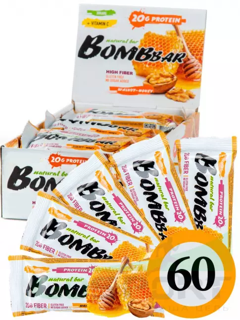 Протеиновый батончик BombBar Protein Bar 60 x 60 г, Грецкий орех с медом