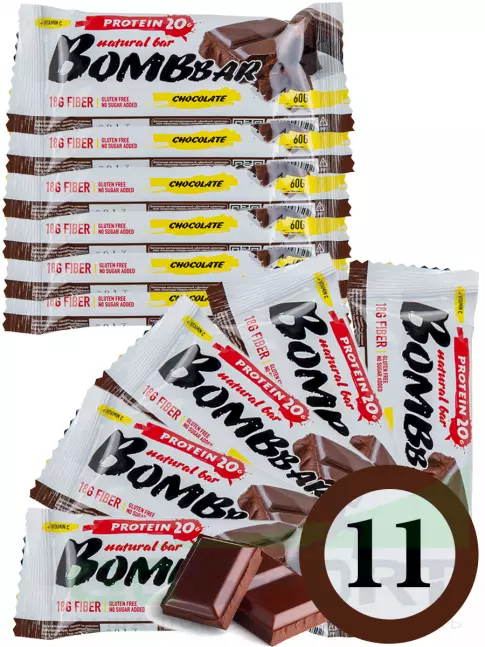 Протеиновый батончик BombBar Protein Bar 11 x 60 г, Двойной шоколад