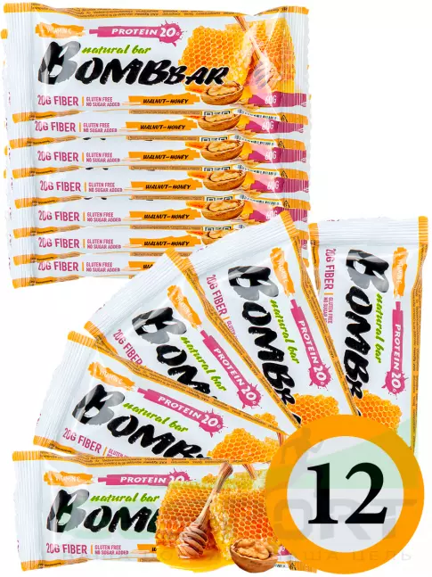 Протеиновый батончик BombBar Protein Bar 12 x 60 г, Грецкий орех с медом
