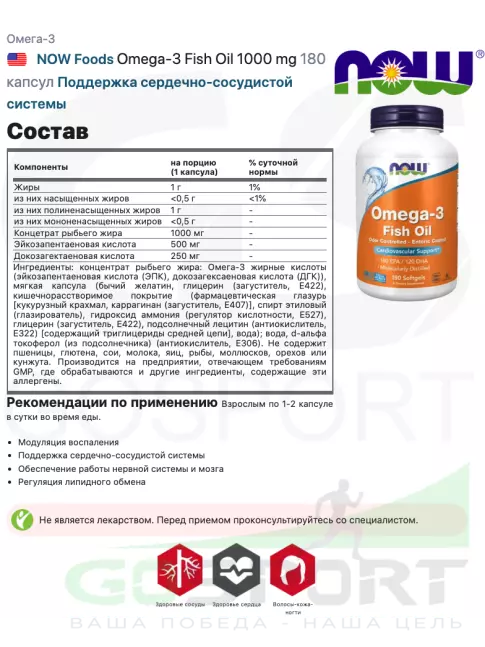 Омега-3 NOW Foods Omega-3 Fish Oil 1000 mg 180 капсул