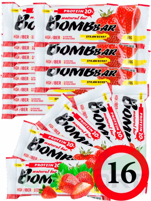 Протеиновый батончик BombBar Protein Bar 16 x 60 г, Клубника Протеиновый батончик BombBar Protein Bar 16 x 60 г, Клубника