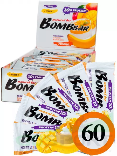Протеиновый батончик BombBar Protein Bar 60 x 60 г, Пудинг с ароматом манго и банана
