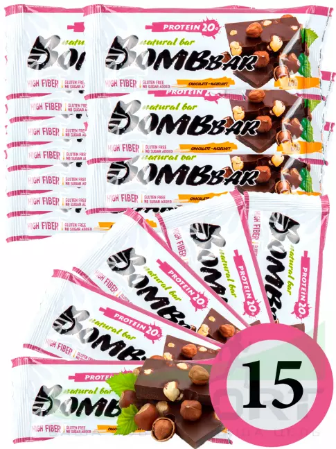Протеиновый батончик BombBar Protein Bar 15 x 60 г, Шоколад - Фундук