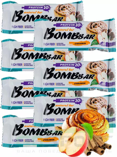 Протеиновый батончик BombBar Protein Bar 7 x 60 г, Яблоко - Корица