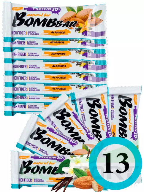 Протеиновый батончик BombBar Protein Bar 13 x 60 г, Миндаль-ваниль