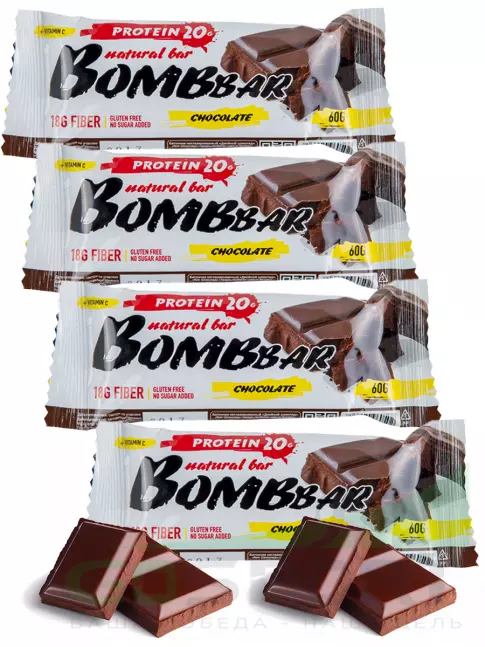 Протеиновый батончик BombBar Protein Bar 4 x 60 г, Двойной шоколад Протеиновый батончик BombBar Protein Bar 4 x 60 г, Двойной шоколад