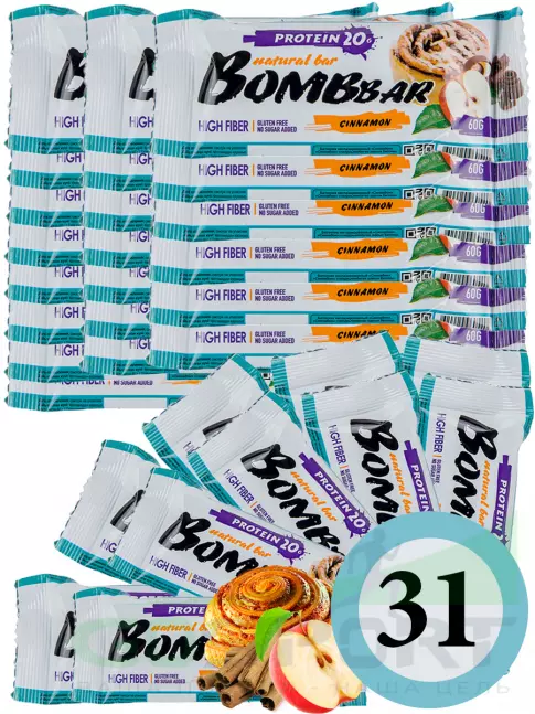 Протеиновый батончик BombBar Protein Bar 31 x 60 г, Яблоко - Корица