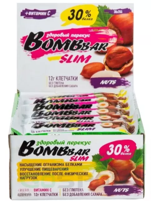 Протеиновый батончик BombBar Protein Bar Slim 30x35 г, Фундук-арахис