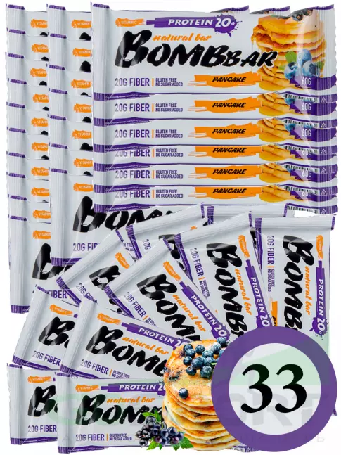 Протеиновый батончик BombBar Protein Bar 33 x 60 г, Смородиново-черничный панкейк