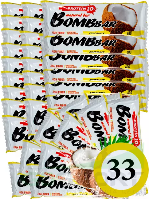 Протеиновый батончик BombBar Protein Bar 33 x 60 г, Кокос