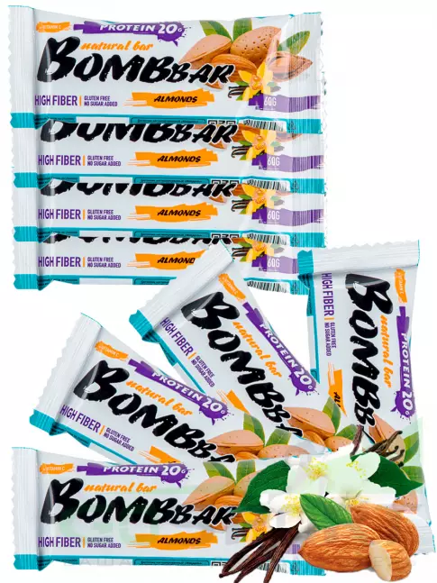 Протеиновый батончик BombBar Protein Bar 8 x 60 г, Миндаль-ваниль