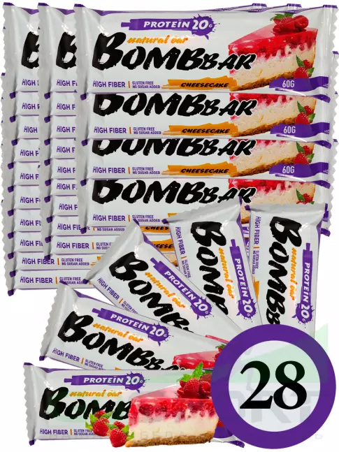 Протеиновый батончик BombBar Protein Bar 28 x 60 г, Малиновый чизкейк