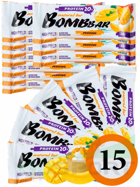 Протеиновый батончик BombBar Protein Bar 15 x 60 г, Пудинг с ароматом манго и банана
