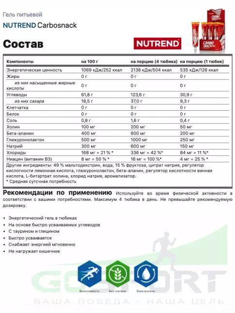 Гель питьевой NUTREND 12x50 Carbosnack туба 12 шт x 50 г, Зеленое яблоко