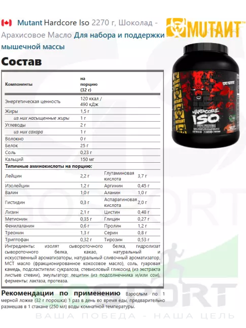 Изолят протеина Mutant Hardcore Iso 2270 г, Шоколад - Арахисовое Масло Изолят протеина Mutant Hardcore Iso 2270 г, Шоколад - Арахисовое Масло