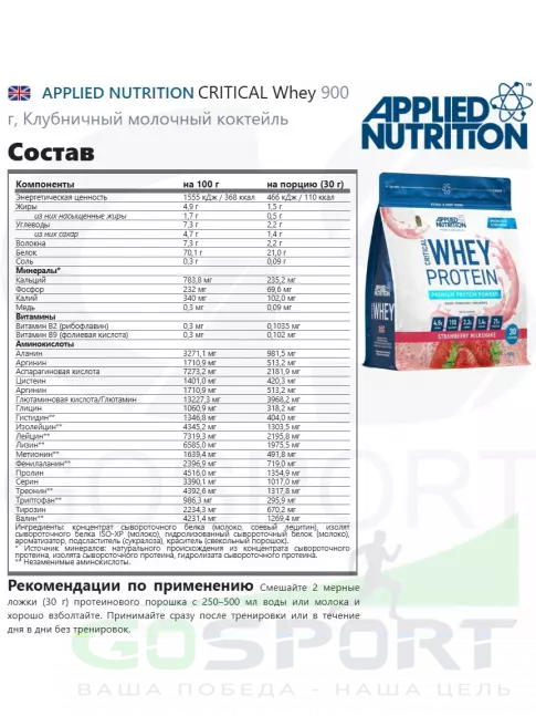  APPLIED NUTRITION CRITICAL Whey 900 г, Клубничный молочный коктейль