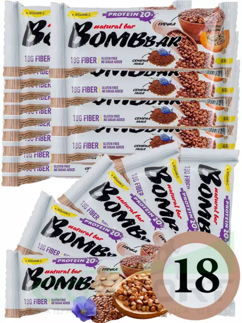 Протеиновый батончик BombBar Protein Bar 18 x 60 г, Гречишный Протеиновый батончик BombBar Protein Bar 18 x 60 г, Гречишный