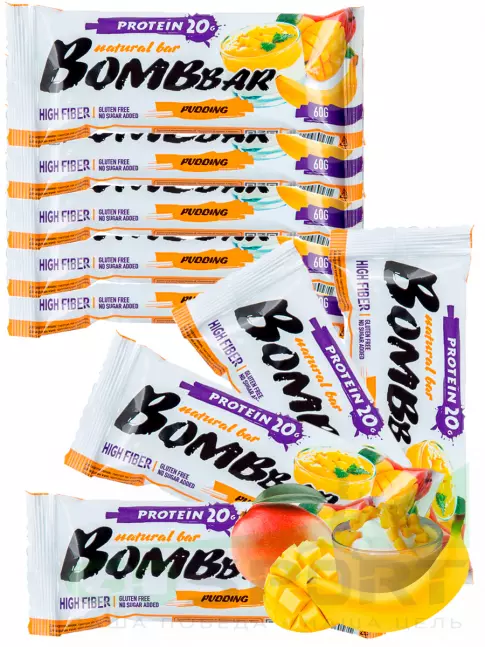 Протеиновый батончик BombBar Protein Bar 9 x 60 г, Пудинг с ароматом манго и банана