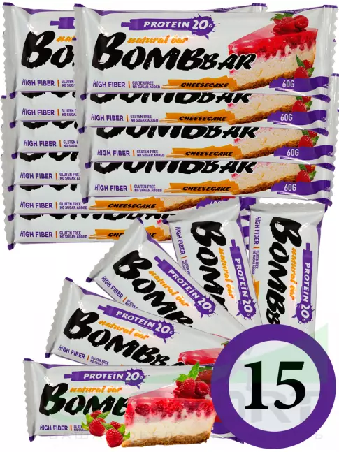 Протеиновый батончик BombBar Protein Bar 15 x 60 г, Малиновый чизкейк