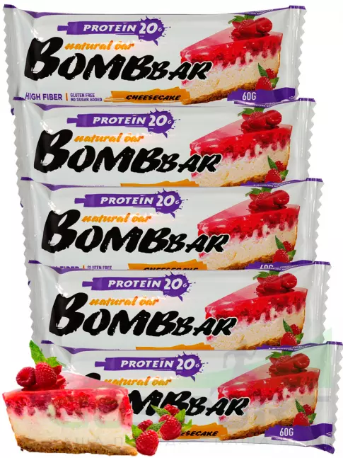 Протеиновый батончик BombBar Protein Bar 5 x 60 г, Малиновый чизкейк