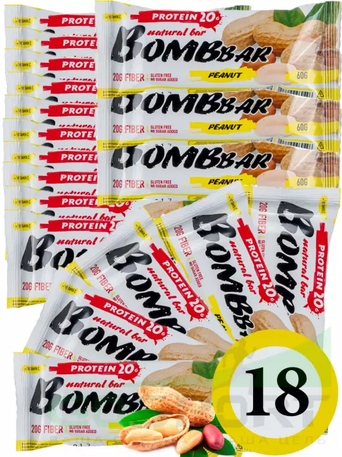 Протеиновый батончик BombBar Protein Bar 18 x 60 г, Арахис