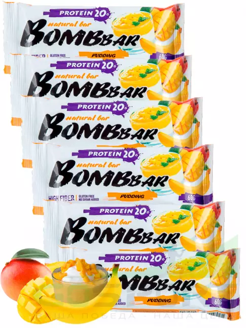 Протеиновый батончик BombBar Protein Bar 6 x 60 г, Пудинг с ароматом манго и банана