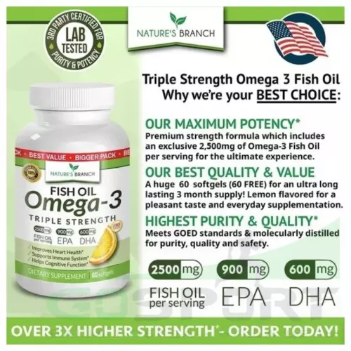 Омена-3 Nature's branch Fish Oil Omega-3 Triple Strength 60 капсул, Лимон