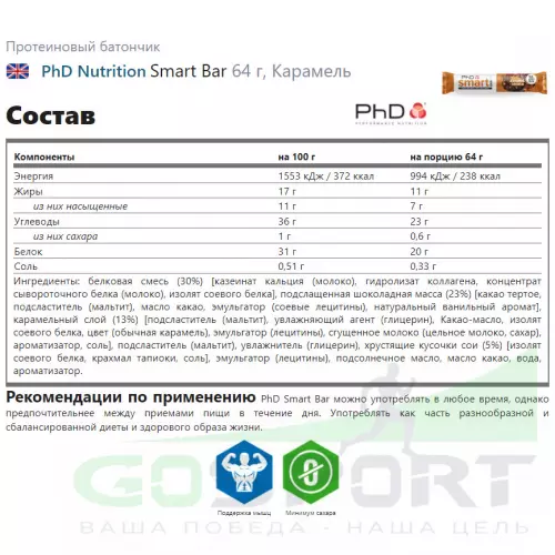 Протеиновый батончик PhD Nutrition Smart Bar 64 г, Карамель