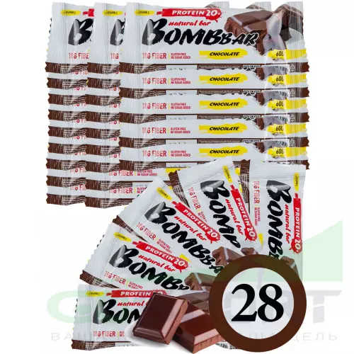 Протеиновый батончик Bombbar Protein Bar 28 x 60 г, Двойной шоколад