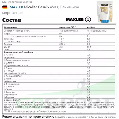 Казеиновый протеин MAXLER Micellar Casein 450 г, Ванильное мороженое