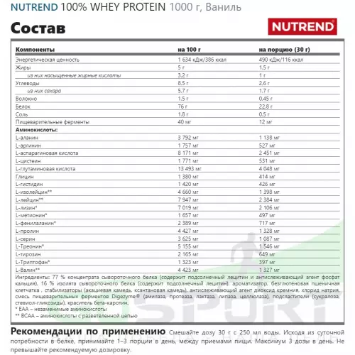  NUTREND 100% WHEY PROTEIN 1000 г, Ваниль