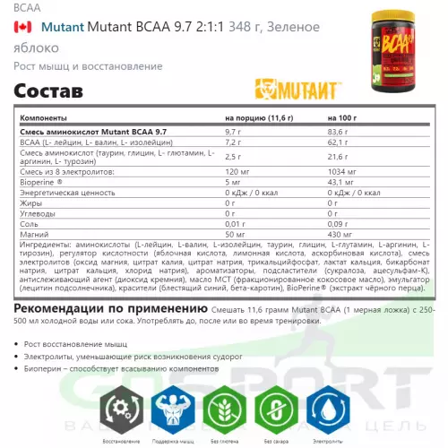 БСАА Mutant Mutant BCAA 9.7 2:1:1 348 г, Зеленое яблоко