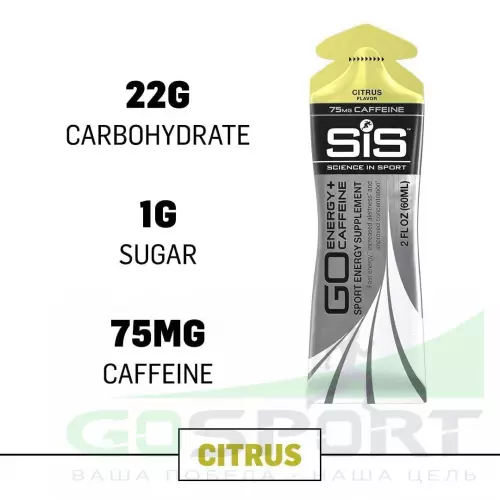 Гель питьевой SCIENCE IN SPORT (SiS) GO Isotonic Energy 75mg caffeine 30 саше x 60 мл, Цитрус