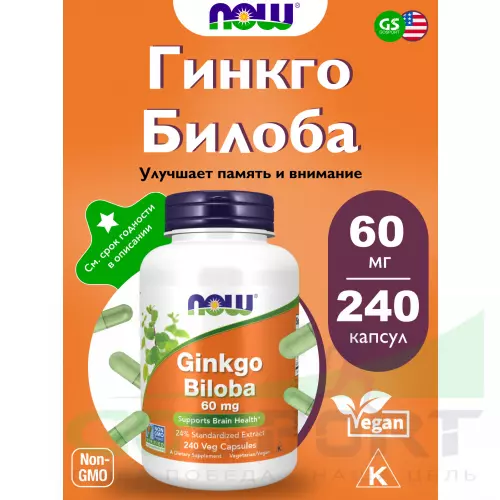  NOW FOODS Ginkgo Biloba 60 mg 240 веган капсул