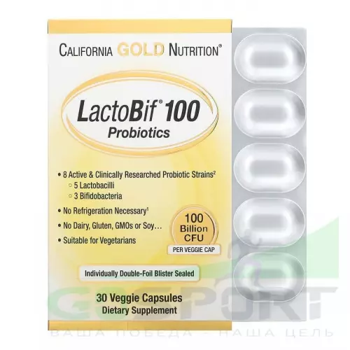  California Gold Nutrition Lactobif 100 Probiotics 30 вегетарианских капсул, Нейтральный