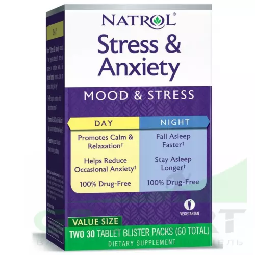 Для сна & Melatonin Natrol Stress & Anxiety Day & Nite 60 таблеток