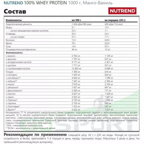  NUTREND 100% WHEY PROTEIN 1000 г, Манго-Ваниль