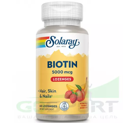  Solaray Biotin Lozenge 5000 mcg 60 конфет, Персик - Клубника - Банан