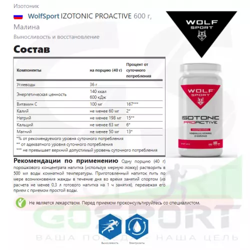 Изотоник WolfSport IZOTONIC PROACTIVE 600 г, Малина