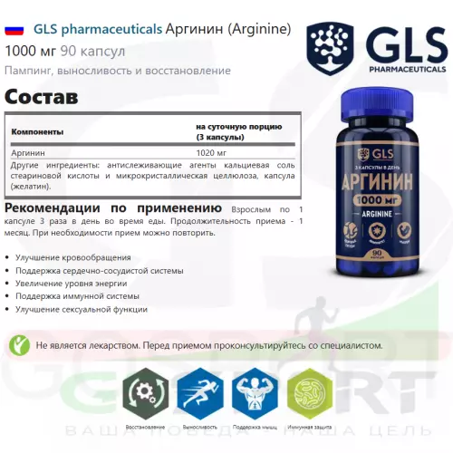  GLS pharmaceuticals Аргинин (Arginine) 1000 мг 90 капсул