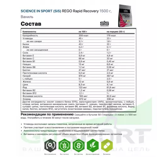 Восстановление SCIENCE IN SPORT (SiS) REGO Rapid Recovery 1500 г, Ваниль