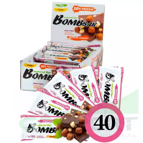 Протеиновый батончик Bombbar Protein Bar 40 x 60 г, Шоколад - Фундук