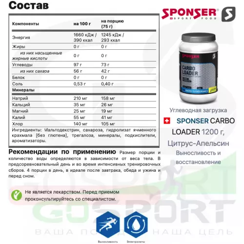 Углеводная загрузка SPONSER CARBO LOADER 1200 г, Цитрус-Апельсин